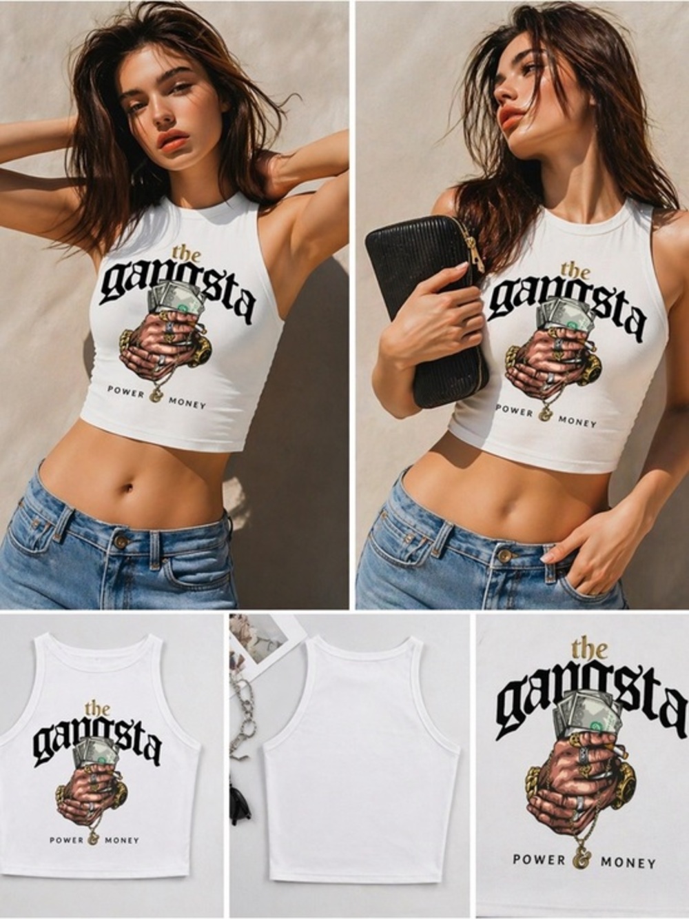 White 'Gangsta' Graphic Crop Tank Top